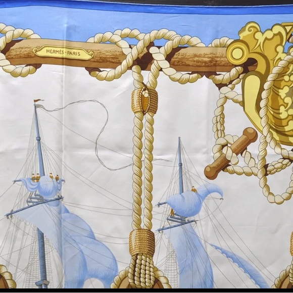 Authentic HERMES Carre 90 Scarf "Tribord" Silk Blue - Picture 3 of 16
